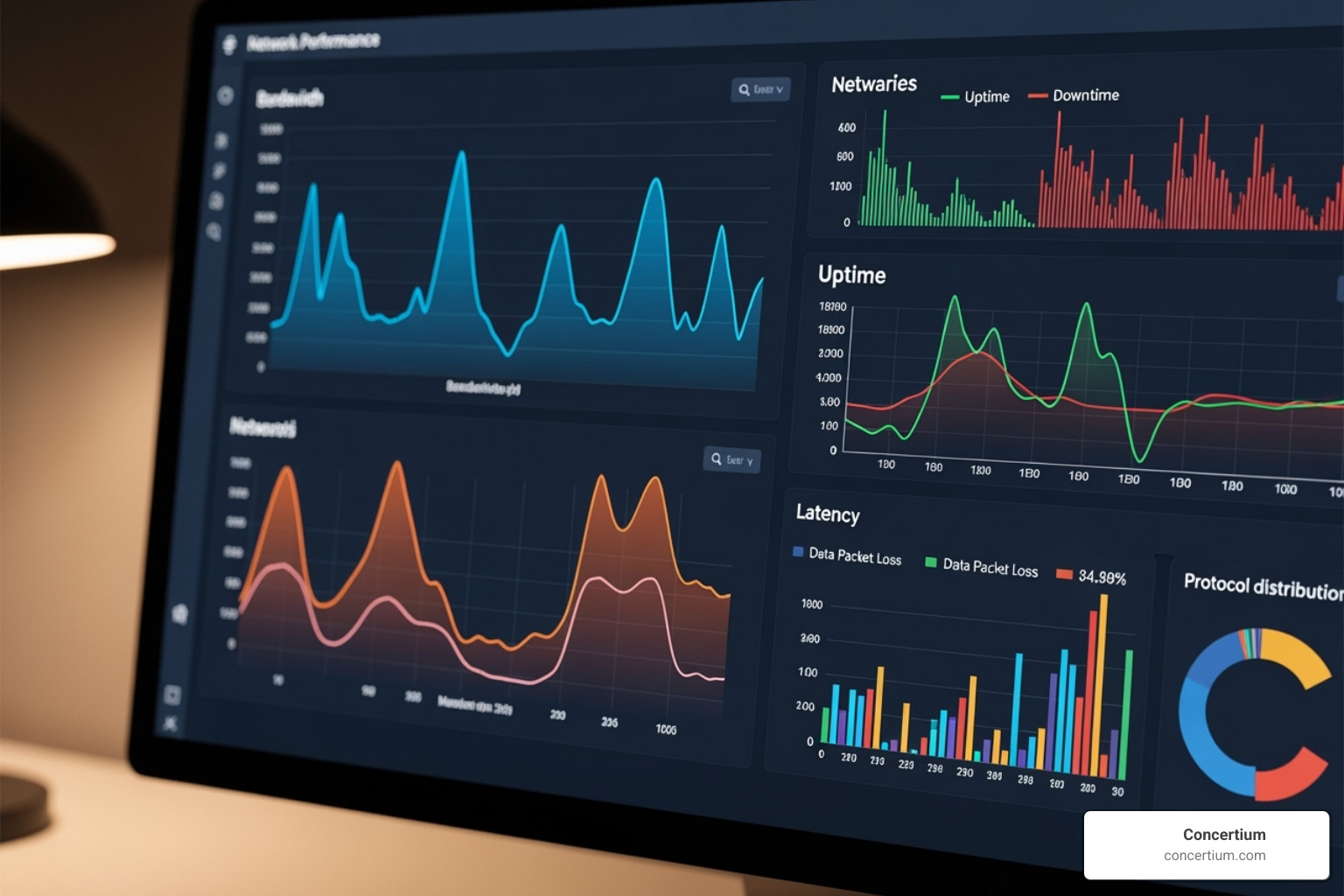 A detailed report generated by a monitoring tool, showing graphs of network performance, uptime, and bandwidth usage over time - network monitoring management