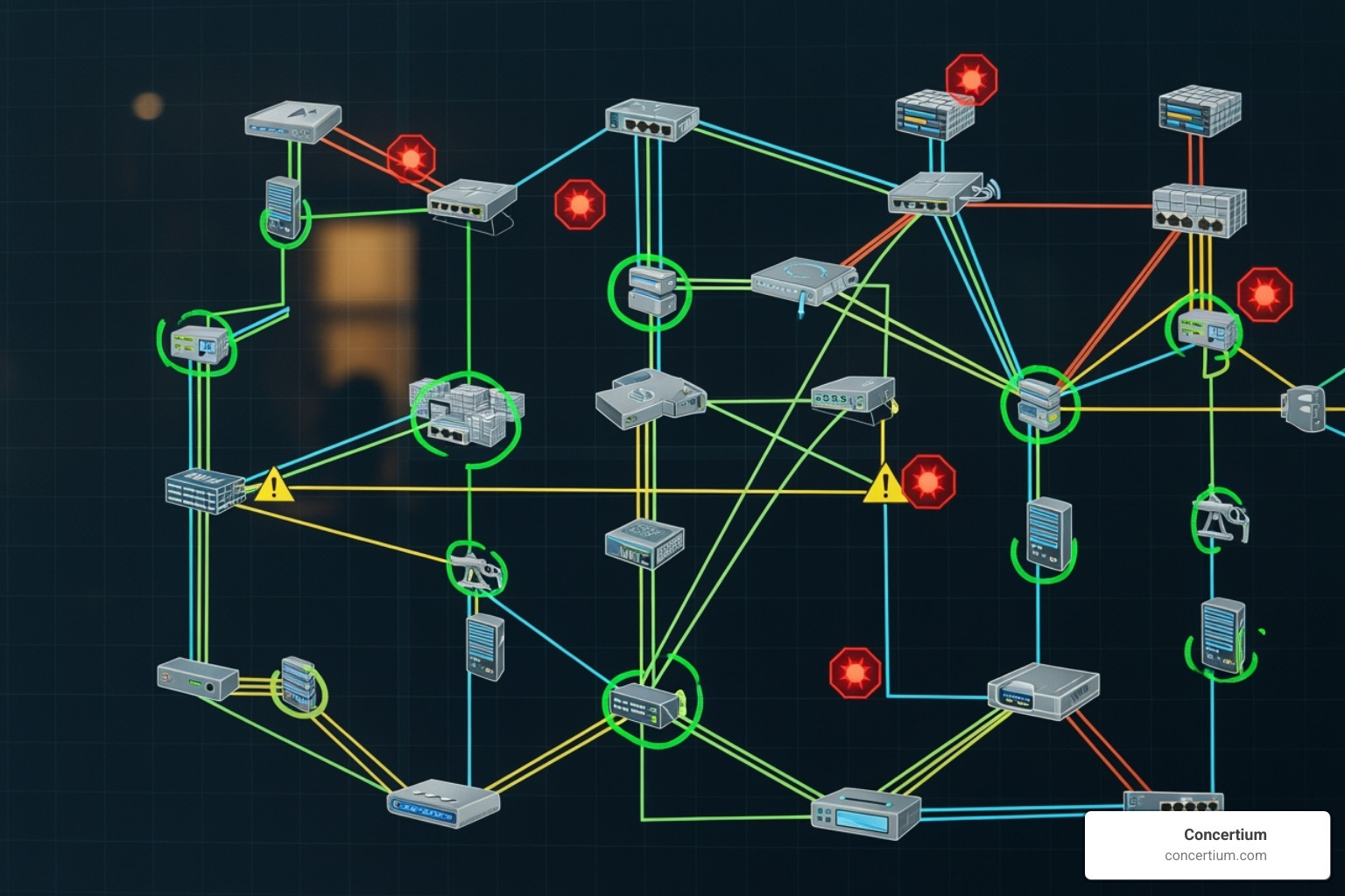 Network topology map with device status indicators, showing green for healthy devices and red/yellow for problematic ones - network monitoring management