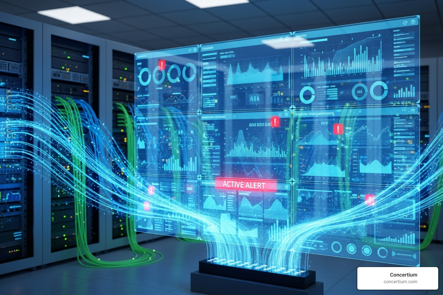Flow of data from network devices to a monitoring tool, showing various devices (routers, switches, servers) feeding data into a central monitoring platform with dashboards and alerts - network monitoring management