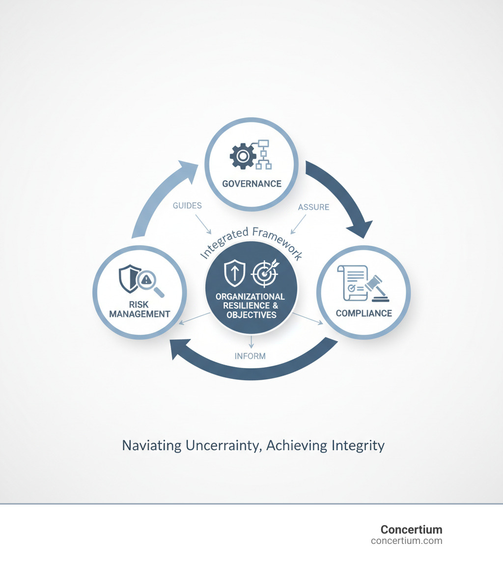 Comprehensive infographic showing the interconnected relationship between Governance (depicted as organizational structure and decision-making processes), Risk Management (shown as threat identification and mitigation strategies), and Compliance (illustrated as regulatory frameworks and legal requirements), with arrows demonstrating how these three components work together to create organizational resilience and achieve business objectives - governance and risk infographic 