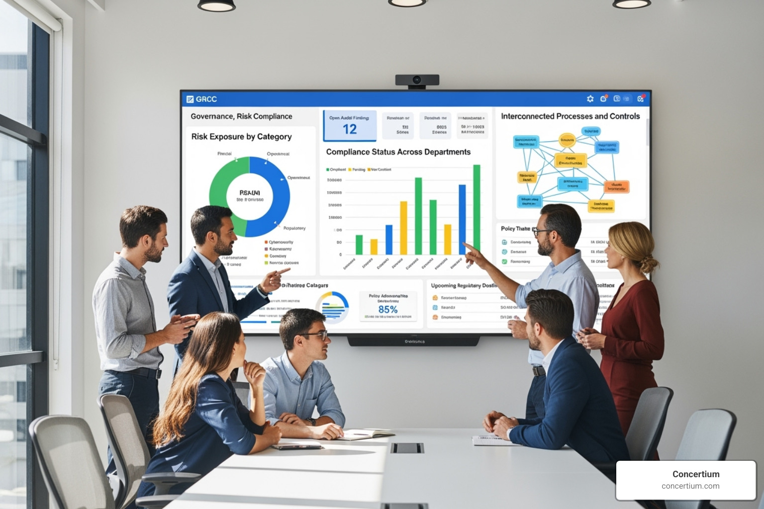 A team of diverse professionals collaborating around a GRC software dashboard, showing data visualizations and interconnected processes. - governance and risk