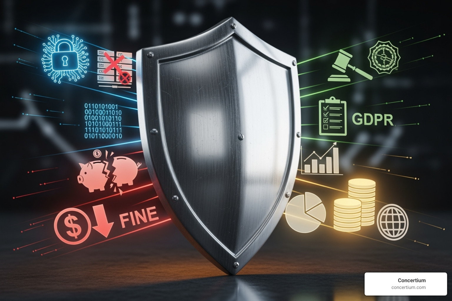 A shield protecting business assets from various threats, including cyber attack icons, regulatory compliance symbols, and financial penalty signs. - governance and risk