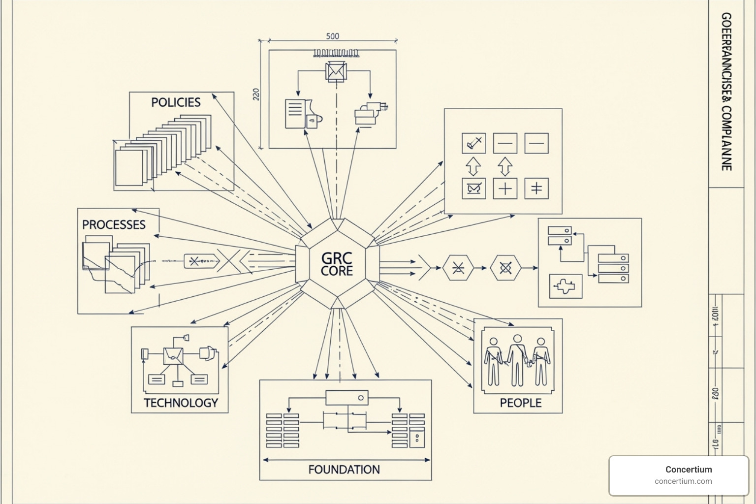 A blueprint for a GRC framework, showing interconnected components like policies, processes, technology, and people. - governance and risk