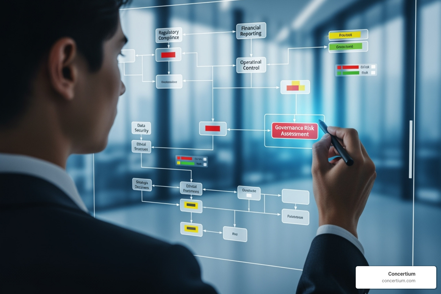 magnifying glass over a business process chart, highlighting a risk area - governance risk assessment