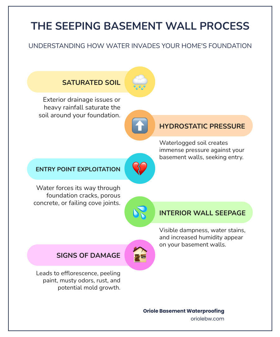 Comprehensive infographic showing the complete water seepage process from exterior soil saturation through hydrostatic pressure buildup to interior basement wall penetration, including common entry points like cracks, cove joints, and porous concrete, with visual indicators like efflorescence and moisture damage - seeping basement walls infographic infographic-line-5-steps-colors Comprehensive infographic showing the complete water seepage process from exterior soil saturation through hydrostatic pressure buildup to interior basement wall penetration, including common entry points like cracks, cove joints, and porous concrete, with visual indicators like efflorescence and moisture damage - seeping basement walls infographic infographic-line-5-steps-colors