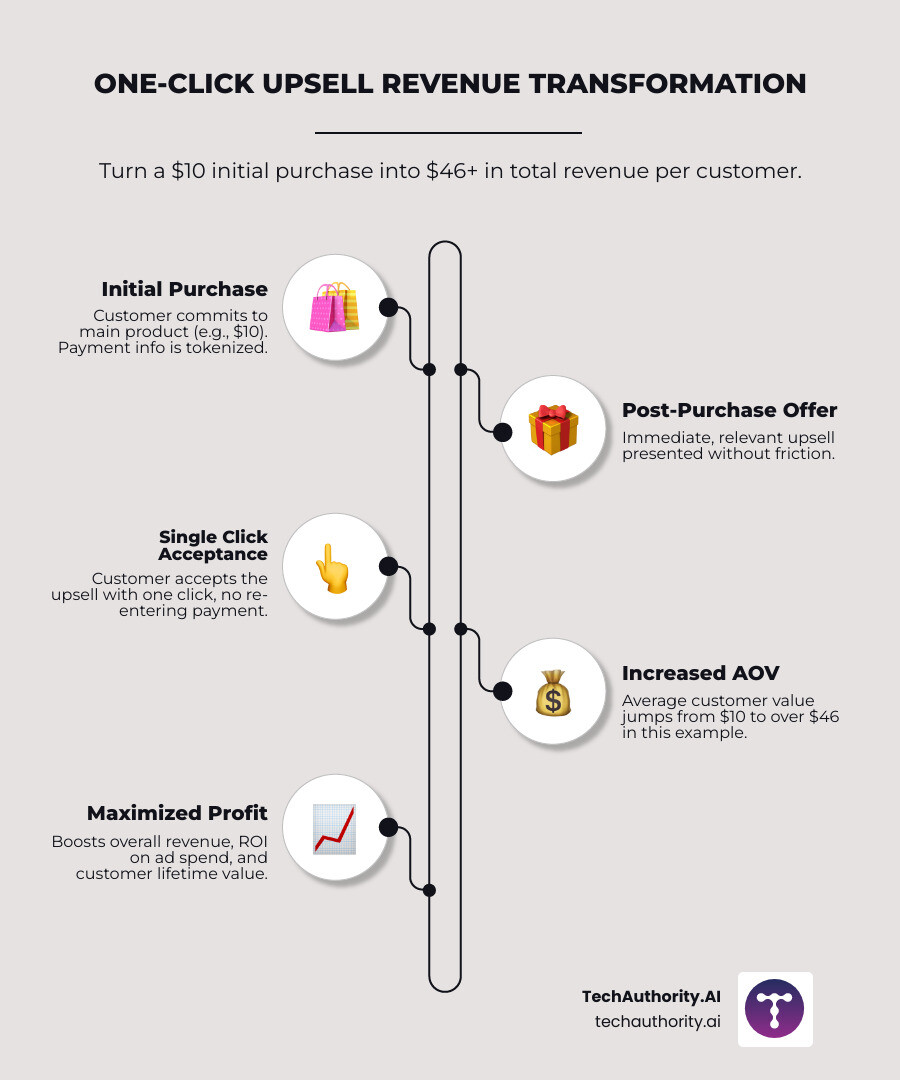 Infographic showing the revenue flow from initial purchase through one-click upsells, displaying customer journey from $10 main product to $46 total value through strategic post-purchase offers, with conversion percentages and revenue multipliers - one click upsell clickfunnels infographic infographic-line-5-steps-neat_beige Infographic showing the revenue flow from initial purchase through one-click upsells, displaying customer journey from $10 main product to $46 total value through strategic post-purchase offers, with conversion percentages and revenue multipliers - one click upsell clickfunnels infographic infographic-line-5-steps-neat_beige
