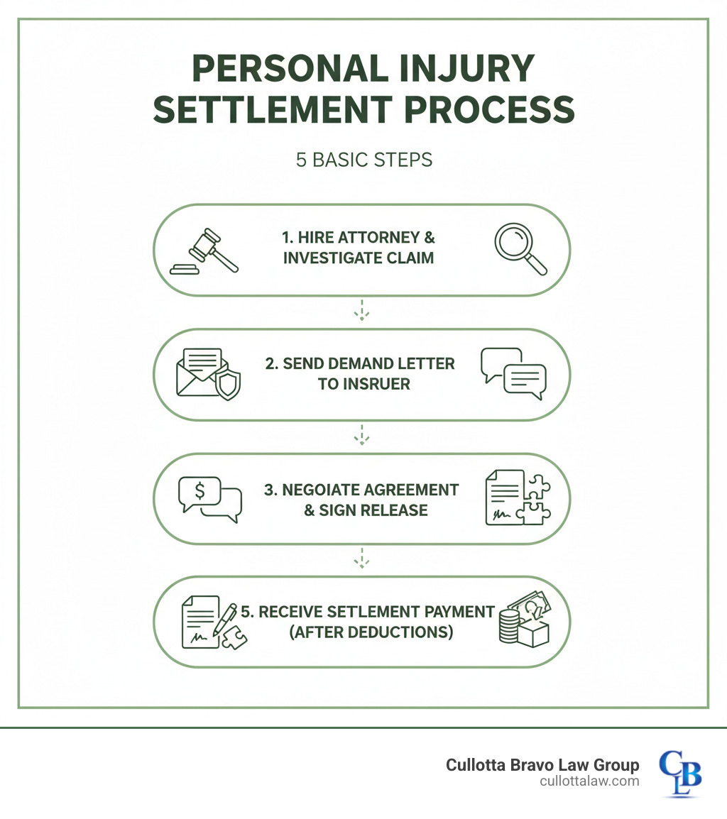 Infographic showing the 5 basic steps of a personal injury settlement process: 1) Hire attorney and investigate claim, 2) Send demand letter to insurance company, 3) Negotiate settlement amount, 4) Finalize agreement and sign release, 5) Receive settlement payment after deductions - Personal injury settlement infographic Infographic showing the 5 basic steps of a personal injury settlement process: 1) Hire attorney and investigate claim, 2) Send demand letter to insurance company, 3) Negotiate settlement amount, 4) Finalize agreement and sign release, 5) Receive settlement payment after deductions - Personal injury settlement infographic