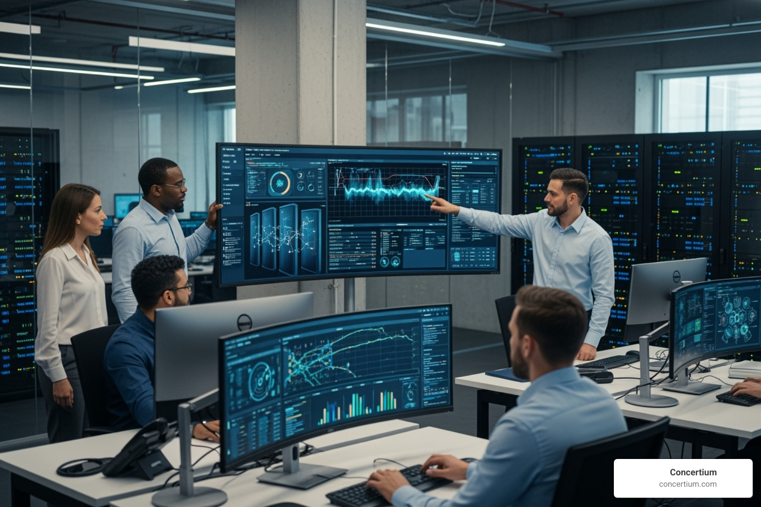 IT team collaborating around a large monitoring screen - how to monitor and manage network connections