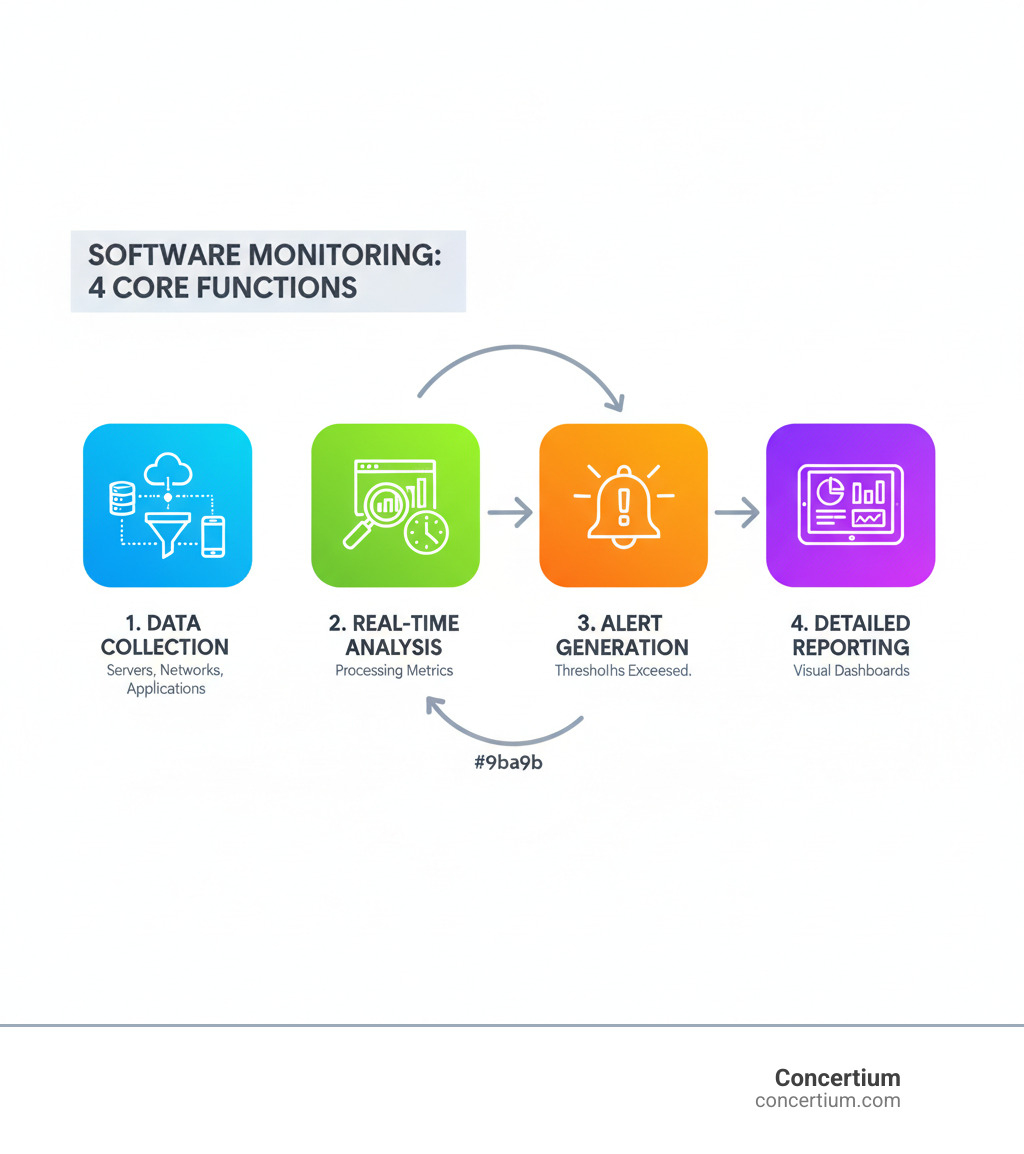 Comprehensive infographic showing the four core functions of software monitoring tools: data collection from various infrastructure components including servers networks and applications, real-time analysis and processing of collected metrics, alert generation when thresholds are exceeded, and detailed reporting with visual dashboards for performance tracking - software monitor tools infographic 