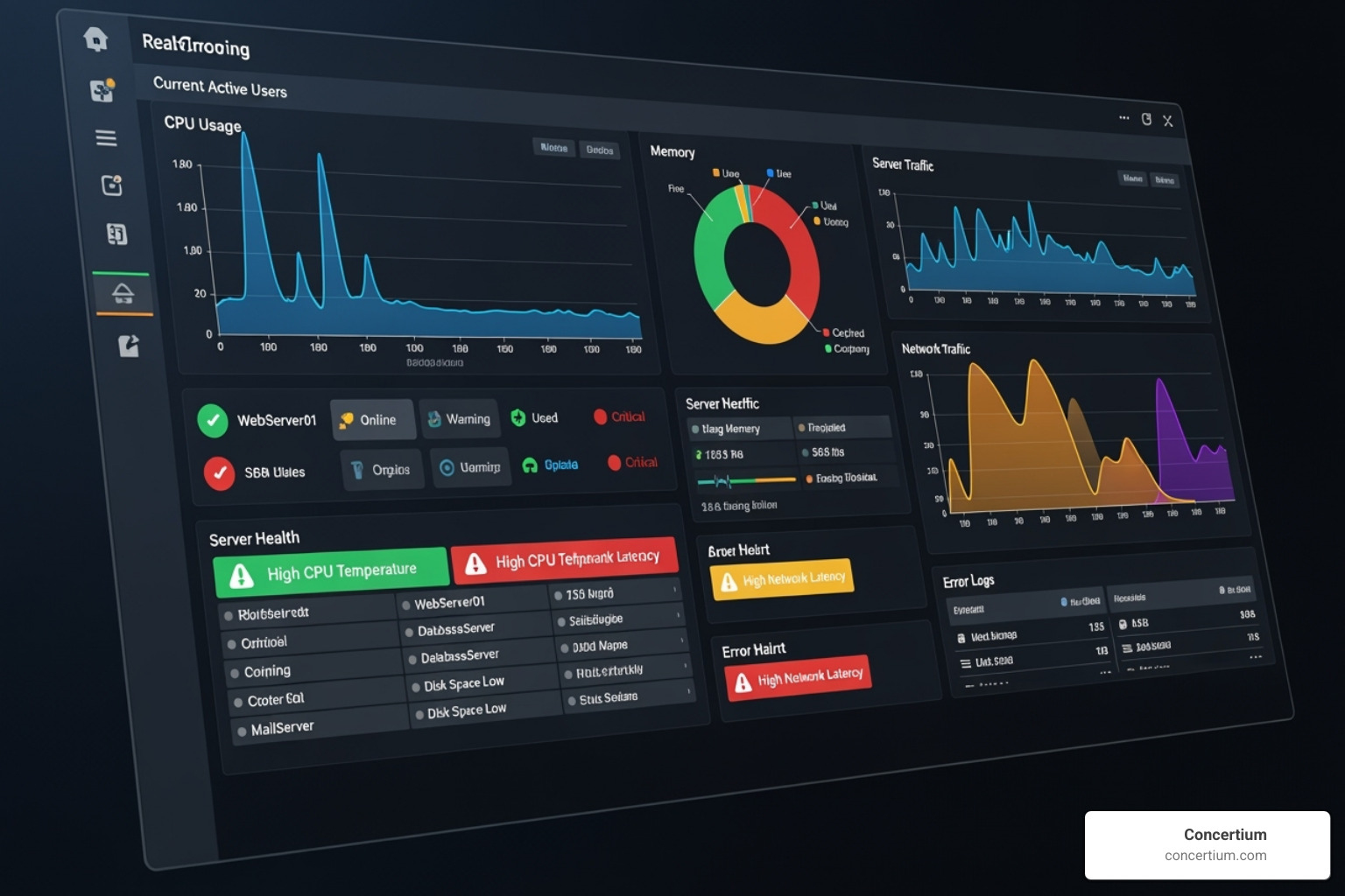 A detailed monitoring dashboard displaying various graphs, metrics, and alerts for system performance, network traffic, and server health. - software monitor tools