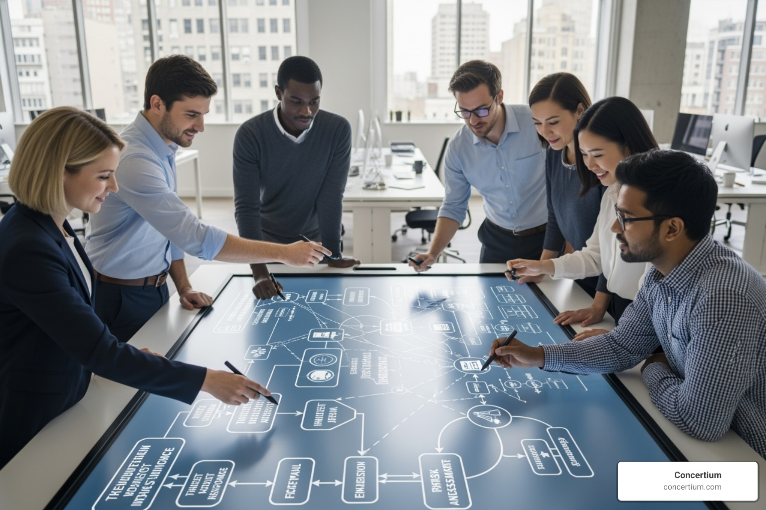 Team collaborating on a security blueprint - cybersecurity compliance best practices