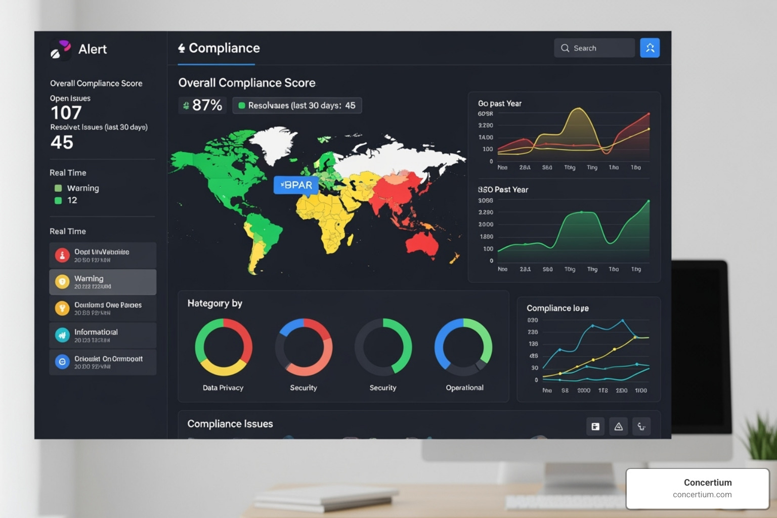 Dashboard showing compliance metrics and alerts - cybersecurity compliance best practices