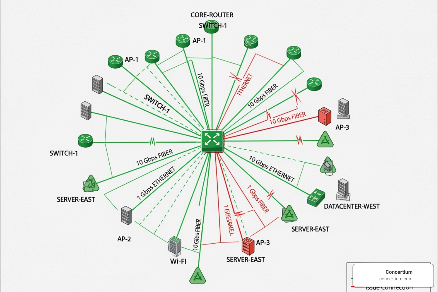 network topology map with green/red status indicators - how to monitor and manage network connections