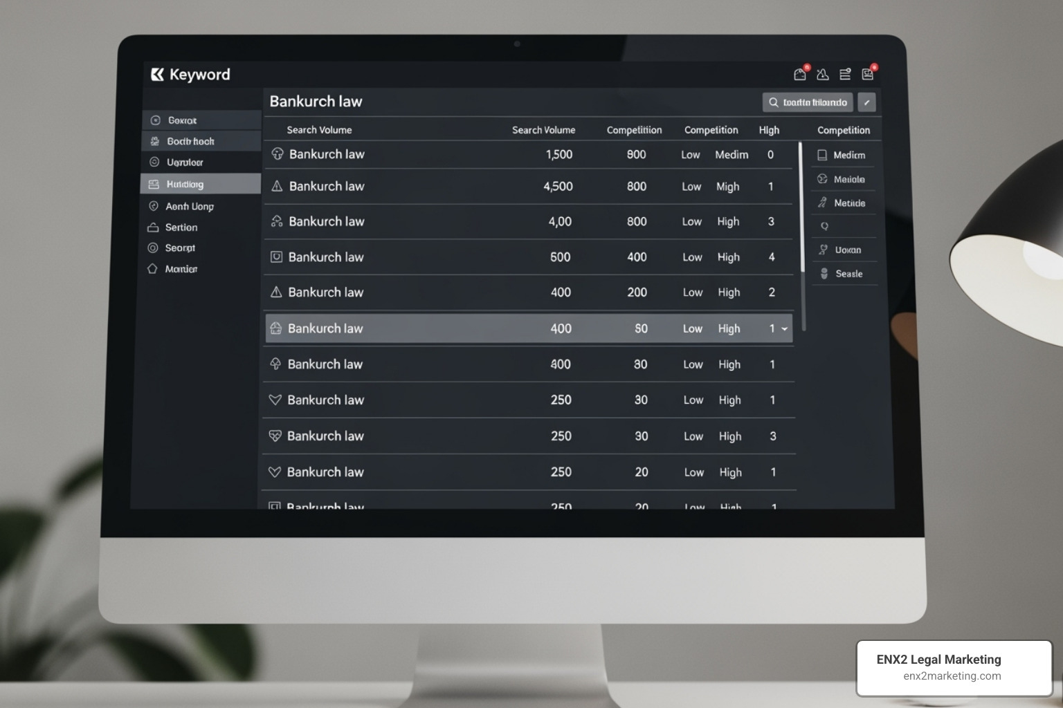 Screenshot of a keyword research tool displaying bankruptcy-related search terms. - seo for bankruptcy law firms