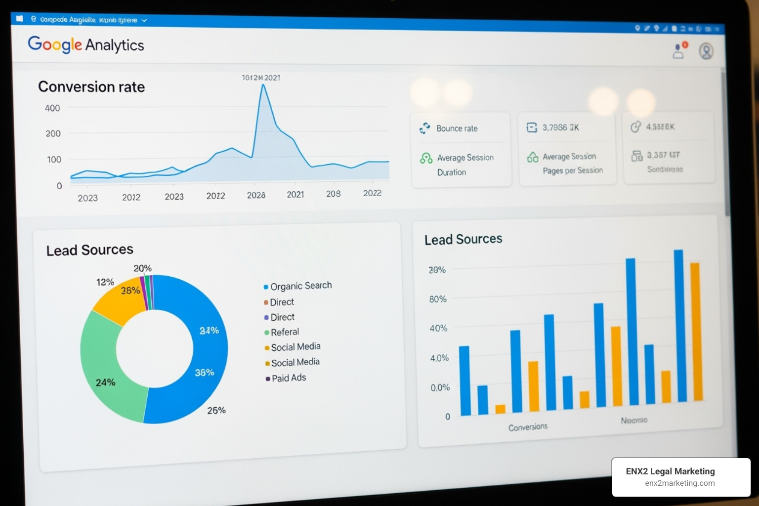 Google Analytics dashboard showing conversions and lead sources. - seo for bankruptcy law firms