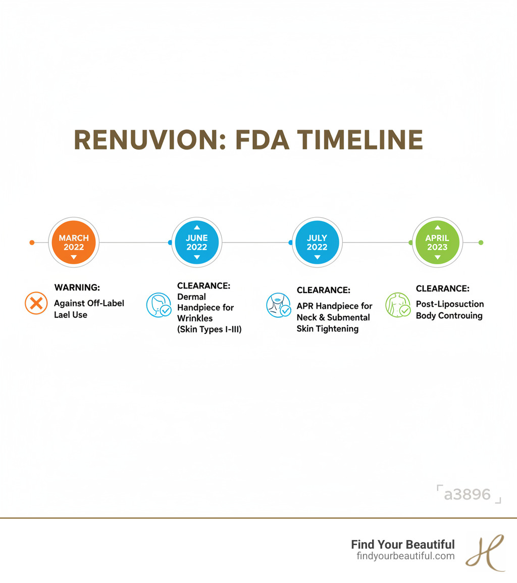 Infographic showing FDA timeline for Renuvion warnings and clearances, including March 2022 warning against off-label use, June 2022 clearance for dermal handpiece for wrinkles in Fitzpatrick skin types I-III, July 2022 clearance for APR handpiece for neck and submental skin tightening, and April 2023 clearance for post-liposuction body contouring - fda warning renuvion infographic Infographic showing FDA timeline for Renuvion warnings and clearances, including March 2022 warning against off-label use, June 2022 clearance for dermal handpiece for wrinkles in Fitzpatrick skin types I-III, July 2022 clearance for APR handpiece for neck and submental skin tightening, and April 2023 clearance for post-liposuction body contouring - fda warning renuvion infographic
