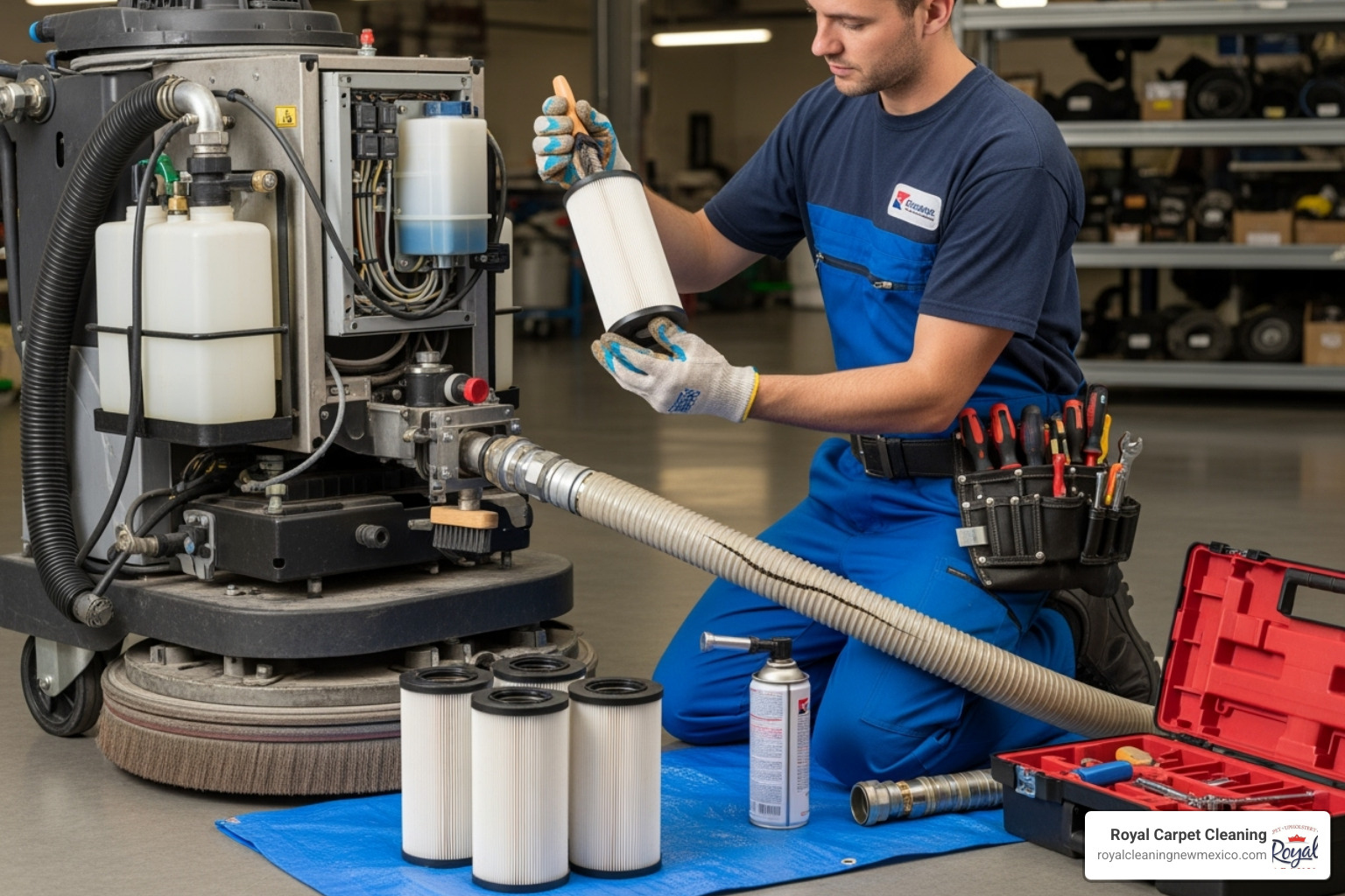 Technician performing maintenance on a commercial carpet cleaner, cleaning filters and inspecting hoses - commercial carpet cleaners