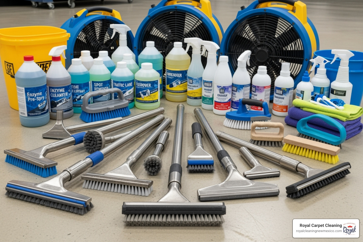 Collection of essential carpet cleaning accessories including various wands, brushes, cleaning solutions, and industrial fans - commercial carpet cleaners