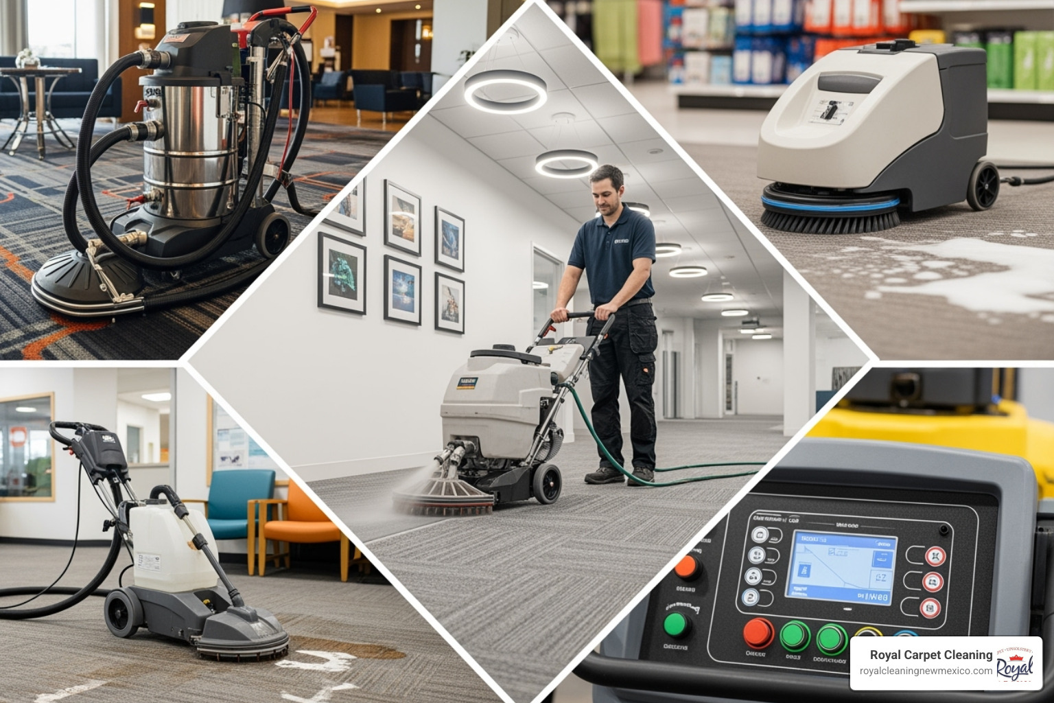 Collage of different types of commercial carpet cleaners including a hot water extractor, an encapsulation machine, a portable spot cleaner, and a walk-behind extractor - commercial carpet cleaners