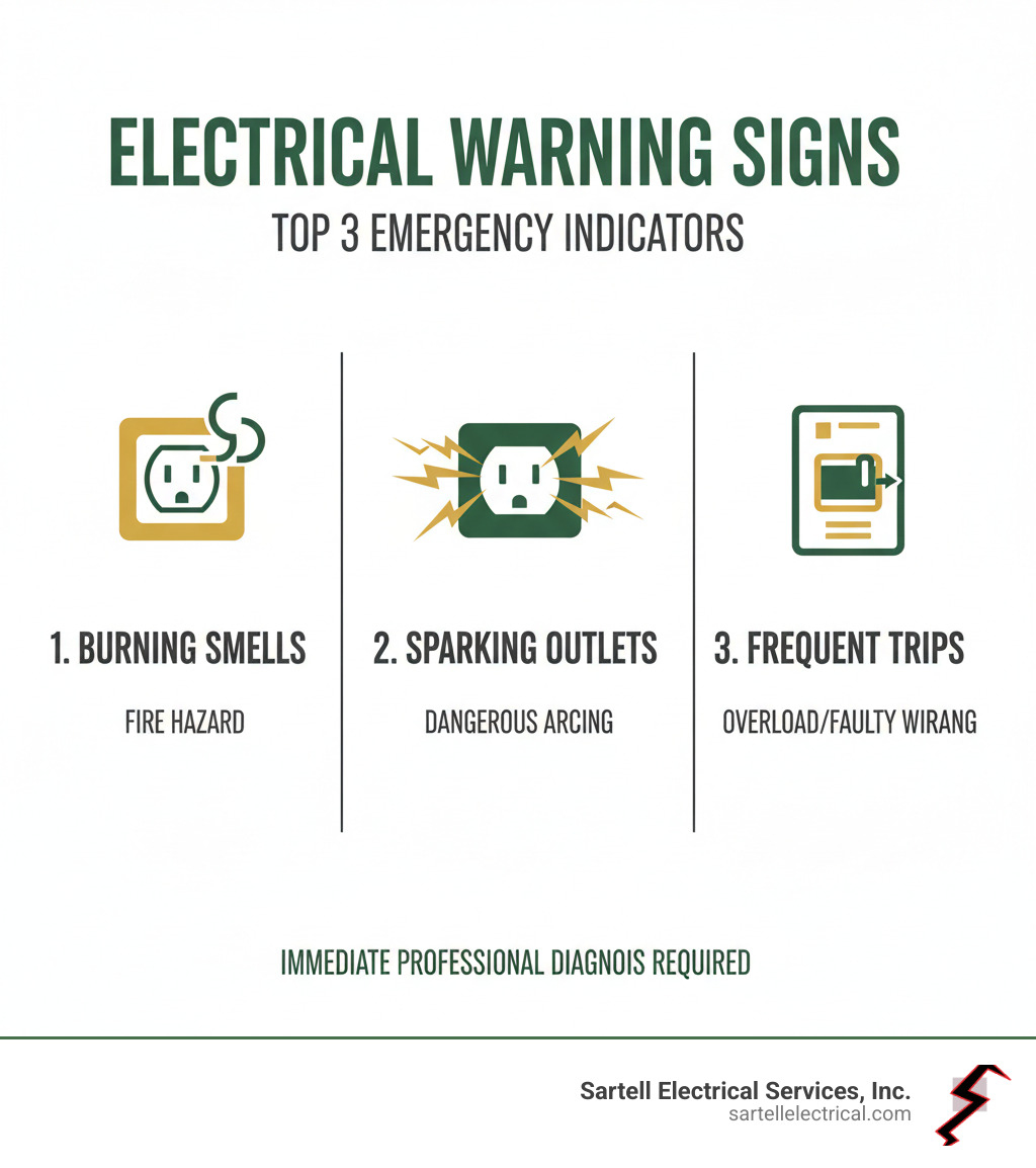 Infographic showing the top 3 emergency electrical warning signs: burning smells from electrical components indicating potential fire hazard, sparking outlets showing dangerous arcing that requires immediate attention, and frequent circuit breaker trips suggesting overloaded circuits or faulty wiring that needs professional diagnosis - 24 hour electrician service near me infographic 