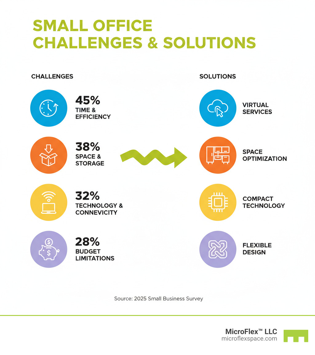 Infographic showing the primary challenges faced by small businesses: 45% struggle with time management and operational efficiency, 38% face space and storage constraints, 32% deal with technology and connectivity issues, and 28% have budget limitations for office setup, with corresponding solution areas of virtual services, space optimization, compact technology, and flexible design - small office solutions infographic Infographic showing the primary challenges faced by small businesses: 45% struggle with time management and operational efficiency, 38% face space and storage constraints, 32% deal with technology and connectivity issues, and 28% have budget limitations for office setup, with corresponding solution areas of virtual services, space optimization, compact technology, and flexible design - small office solutions infographic