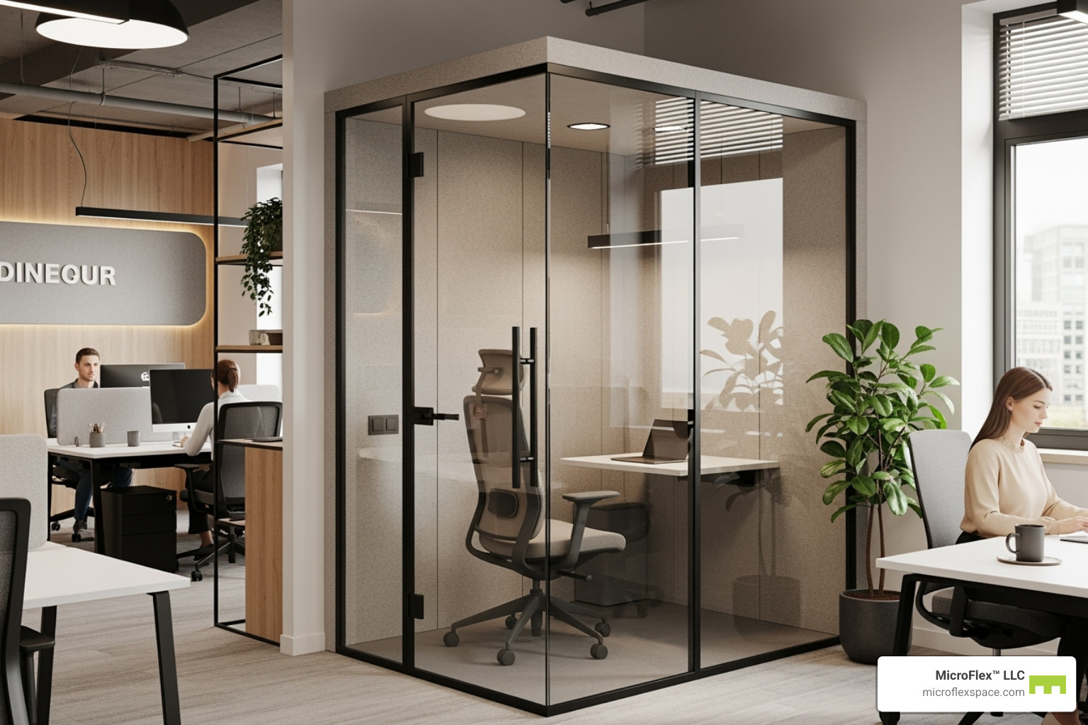 An acoustic pod with glass walls and comfortable seating integrated into a modern, open-plan small office, providing a quiet zone for focused work. - small office solutions An acoustic pod with glass walls and comfortable seating integrated into a modern, open-plan small office, providing a quiet zone for focused work. - small office solutions