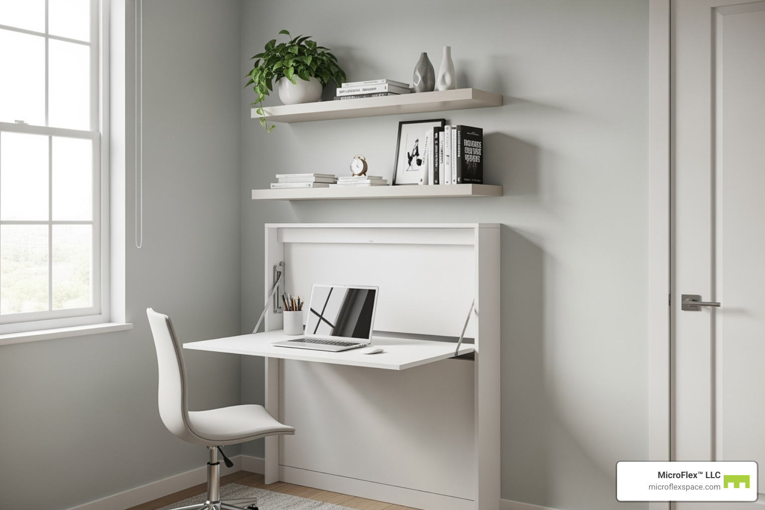 A small office space featuring a desk that folds into the wall, a chair that tucks neatly underneath, and floating shelves above, demonstrating efficient use of vertical space and multi-functional design. - small office solutions A small office space featuring a desk that folds into the wall, a chair that tucks neatly underneath, and floating shelves above, demonstrating efficient use of vertical space and multi-functional design. - small office solutions