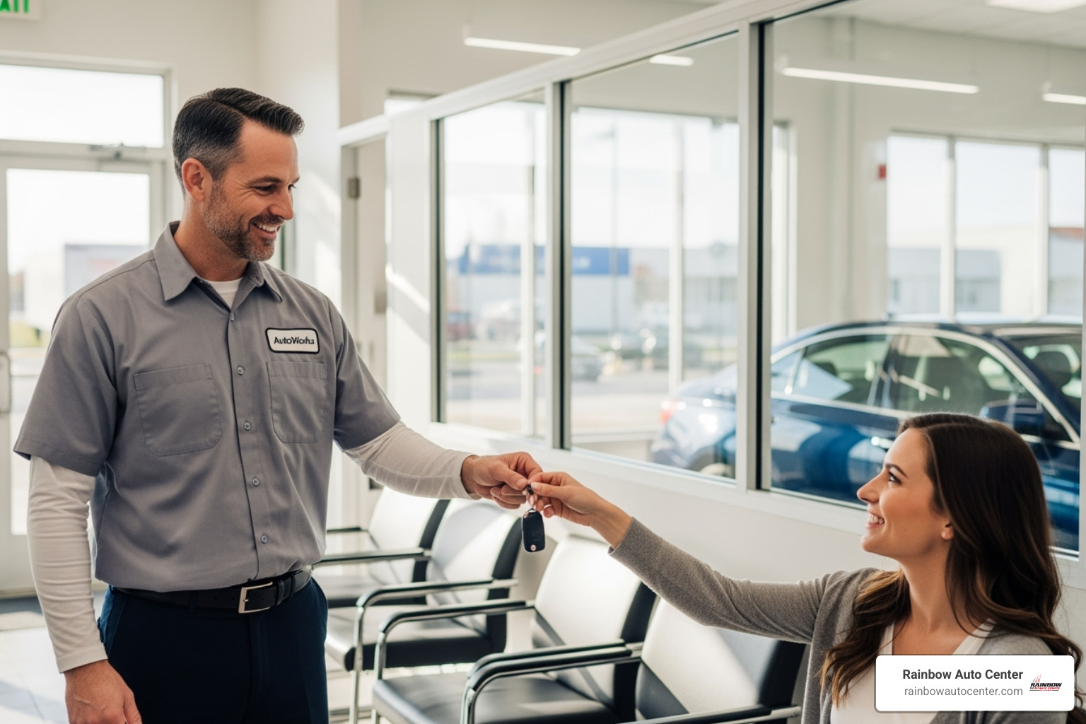 customer receiving keys from a friendly auto body shop manager - vehicle body repair near me customer receiving keys from a friendly auto body shop manager - vehicle body repair near me