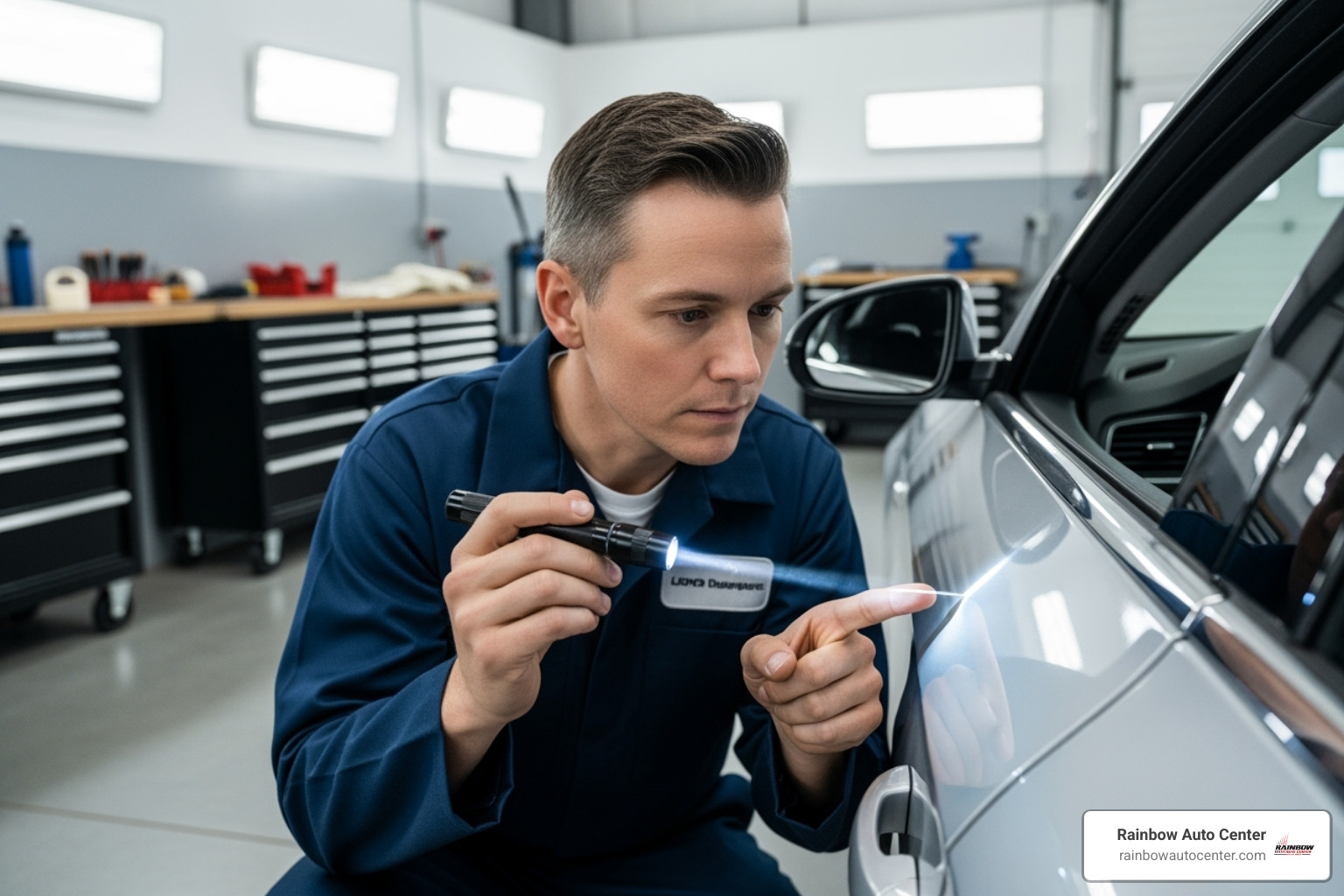 technician inspecting a scratched car door - vehicle body repair near me technician inspecting a scratched car door - vehicle body repair near me
