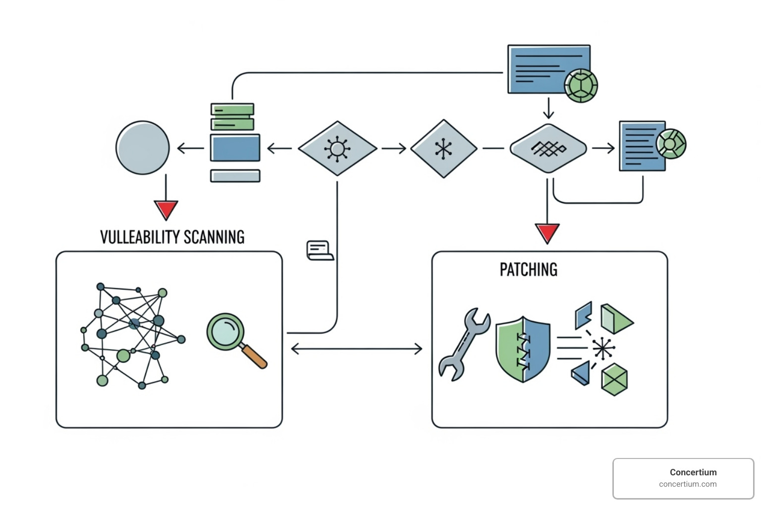 a flowchart showing vulnerability scanning and patching process - cybersecurity incident