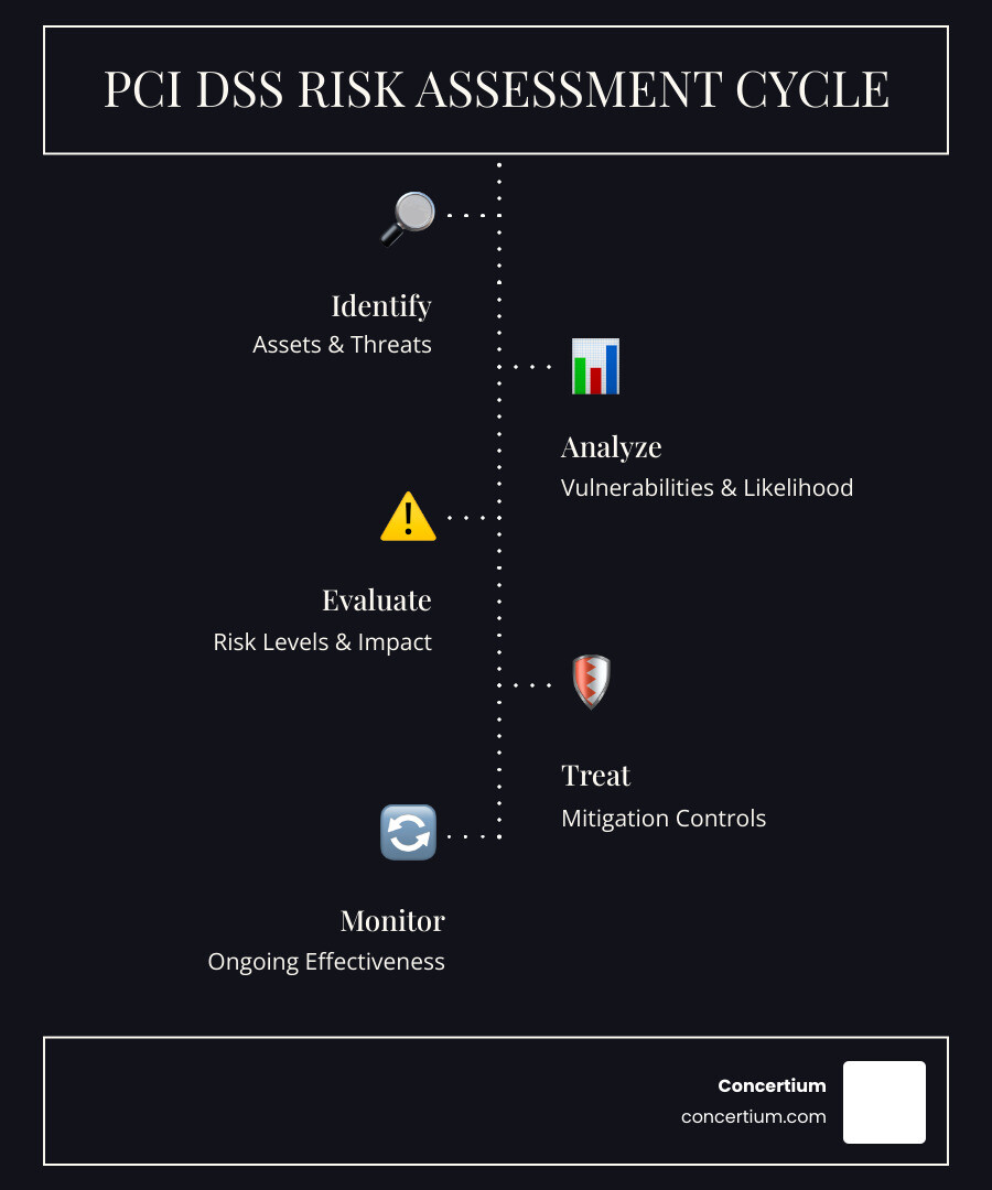 Detailed infographic showing the PCI DSS risk assessment cycle with five connected phases: Identify assets and threats, Analyze vulnerabilities and likelihood, Evaluate risk levels using impact matrix, Treat risks through mitigation controls, and Monitor ongoing effectiveness with feedback loops - pci dss risk assessment example infographic infographic-line-5-steps-dark