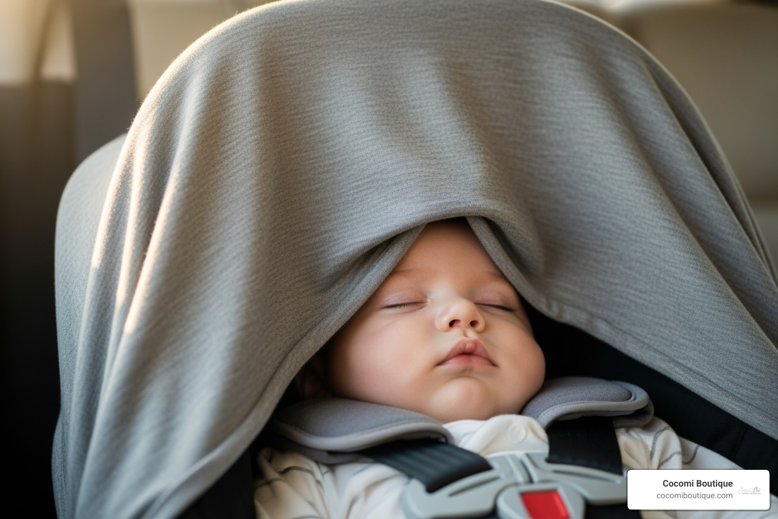 a baby sleeping peacefully under a Cocomi Boutique car seat canopy - Infant car seat cover