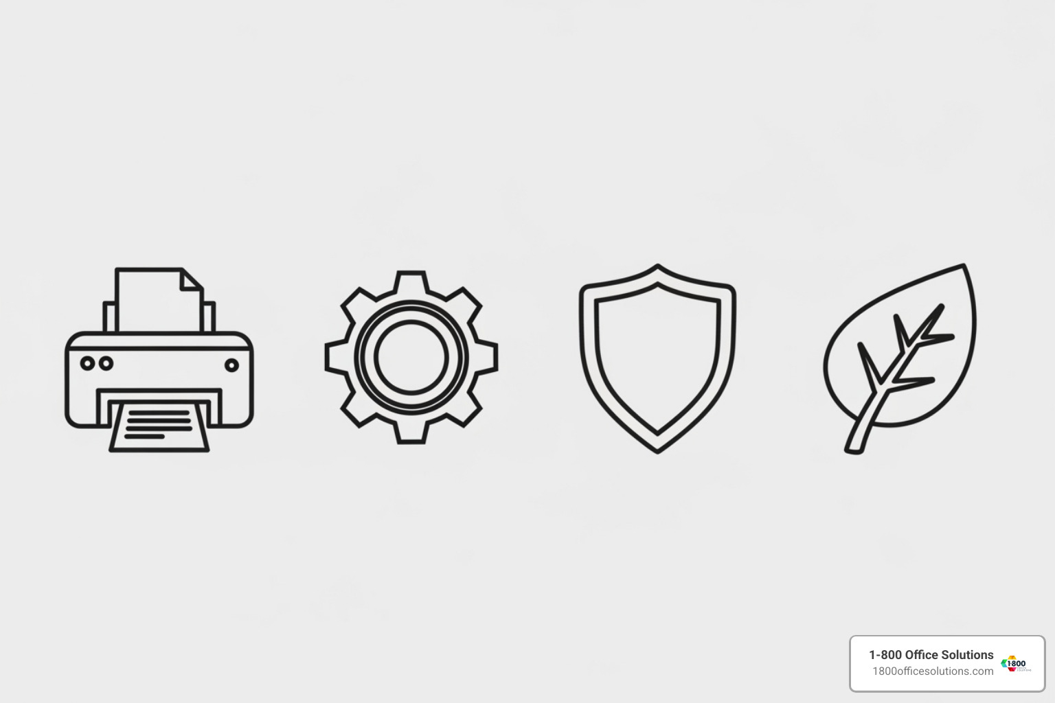 Icons representing different MPS components: a printer, a gear for service, a shield for security, and a leaf for sustainability - managed print services Icons representing different MPS components: a printer, a gear for service, a shield for security, and a leaf for sustainability - managed print services