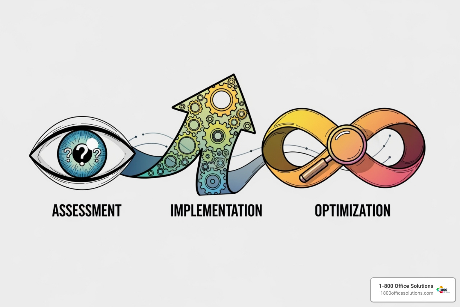 A three-step process diagram: Assess, Implement, Optimize, illustrating the MPS methodology - managed print services A three-step process diagram: Assess, Implement, Optimize, illustrating the MPS methodology - managed print services