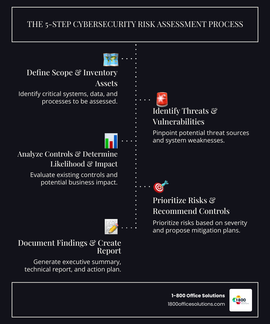 Infographic showing the 5 steps of risk assessment: 1. Define Scope & Inventory Assets, 2. Identify Threats & Vulnerabilities, 3. Analyze Controls & Determine Likelihood & Impact, 4. Prioritize Risks & Recommend Controls, 5. Document Findings & Create Report. - cybersecurity risk assessment & management services infographic infographic-line-5-steps-dark Infographic showing the 5 steps of risk assessment: 1. Define Scope & Inventory Assets, 2. Identify Threats & Vulnerabilities, 3. Analyze Controls & Determine Likelihood & Impact, 4. Prioritize Risks & Recommend Controls, 5. Document Findings & Create Report. - cybersecurity risk assessment & management services infographic infographic-line-5-steps-dark
