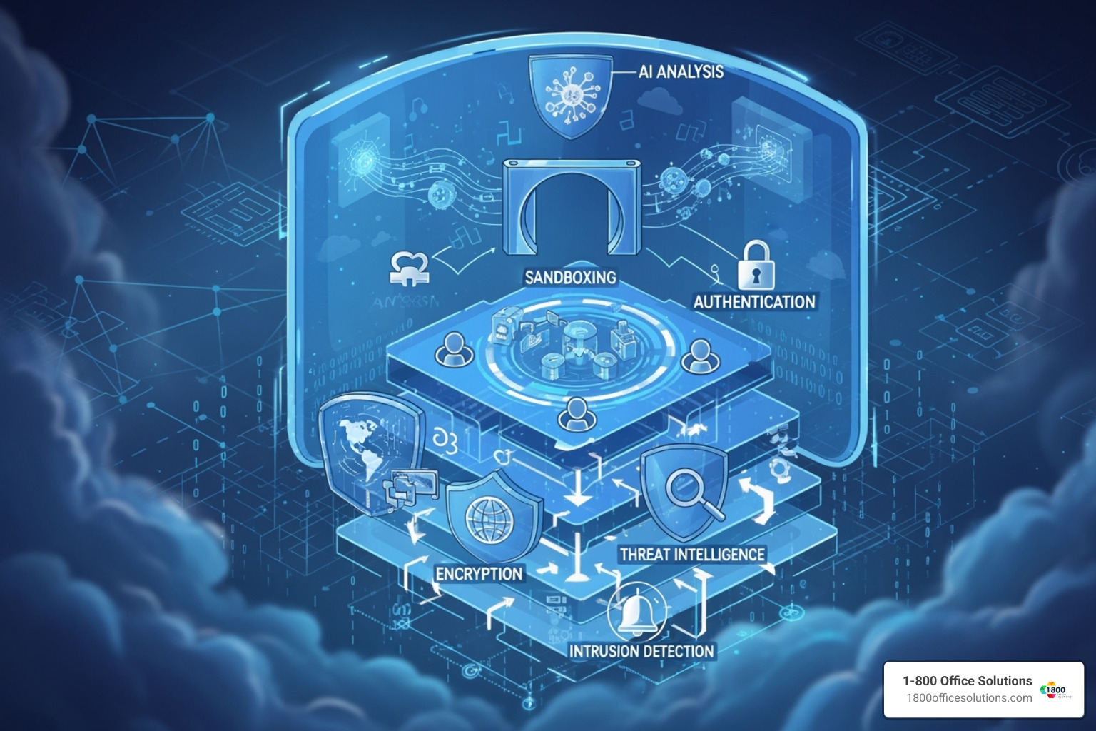 A diagram illustrating the multi-layered security approach of cloud-based email protection, showing AI, sandboxing, and authentication working together - cloud-based email protection