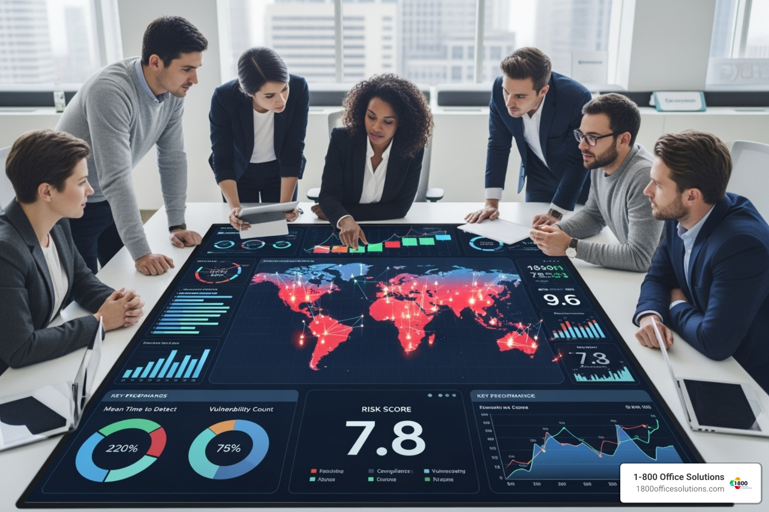 A team collaborating around a dashboard showing risk levels, with various charts and graphs indicating security posture, incident trends, and compliance status. - cybersecurity risk assessment & management services A team collaborating around a dashboard showing risk levels, with various charts and graphs indicating security posture, incident trends, and compliance status. - cybersecurity risk assessment & management services