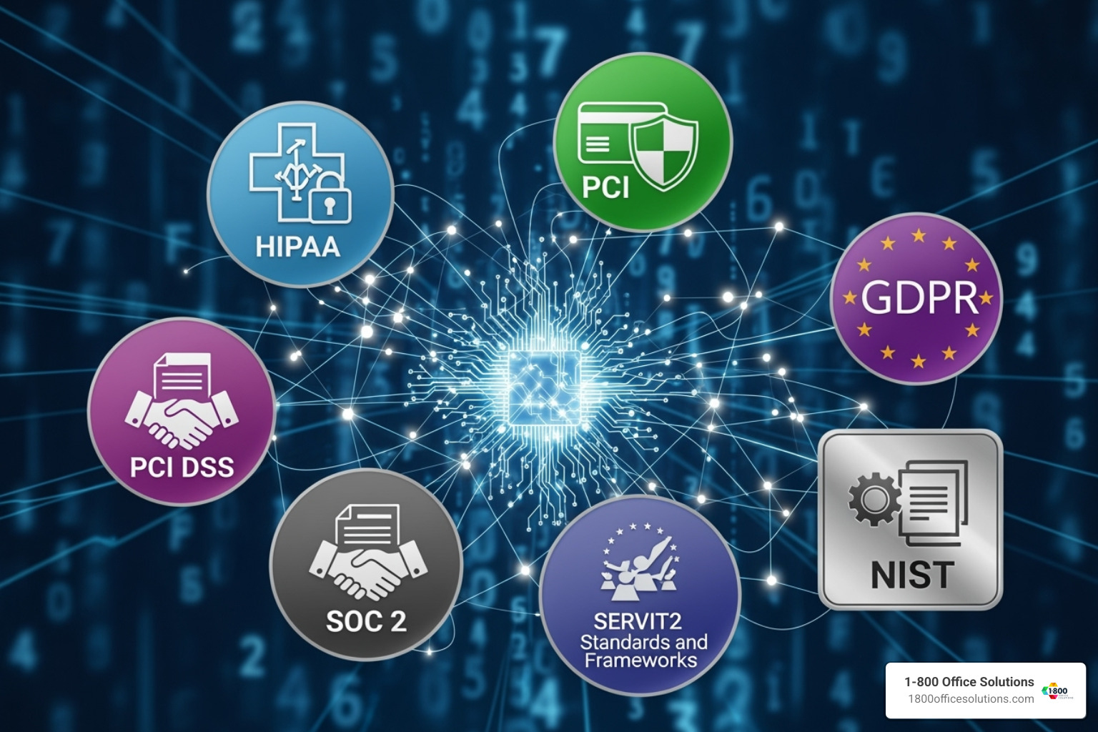 A graphic depicting various compliance logos such as HIPAA, PCI DSS, GDPR, SOC 2, and NIST, illustrating the intersection of regulatory requirements and cybersecurity frameworks. - cybersecurity risk assessment & management services A graphic depicting various compliance logos such as HIPAA, PCI DSS, GDPR, SOC 2, and NIST, illustrating the intersection of regulatory requirements and cybersecurity frameworks. - cybersecurity risk assessment & management services
