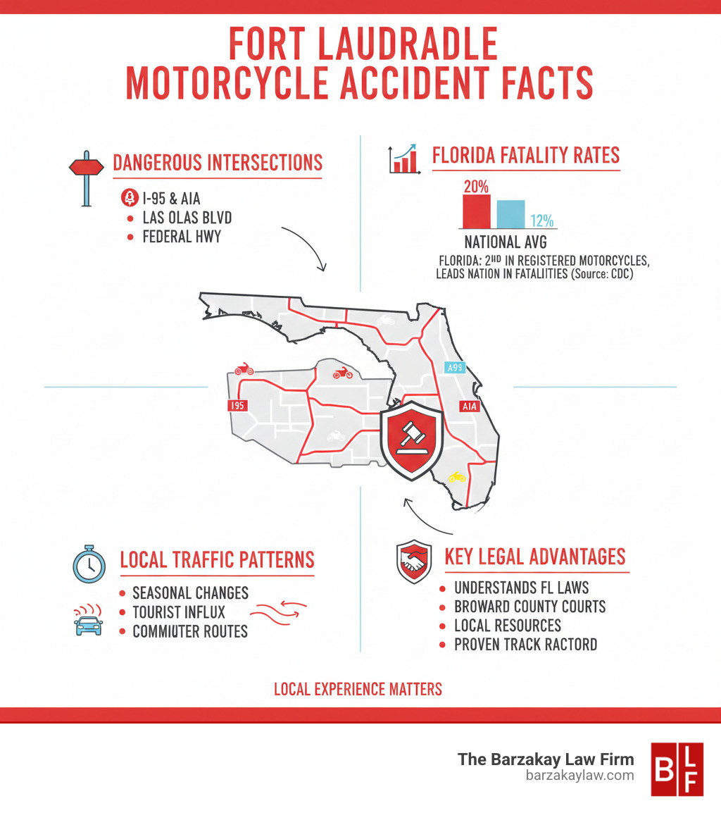 Infographic showing Fort Lauderdale motorcycle accident statistics, local traffic patterns, dangerous intersections including I-95 and A1A, Florida's motorcycle fatality rates compared to national average, and key local legal advantages - importance of local experience fort lauderdale motorcycle accident attorney infographic 