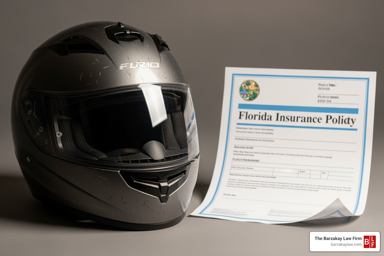 Motorcycle helmet next to a Florida insurance policy document - importance of local experience fort lauderdale motorcycle accident attorney