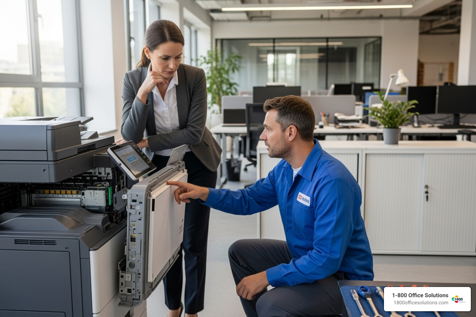 Technician explaining a repair diagnosis to an office manager - business copier repair