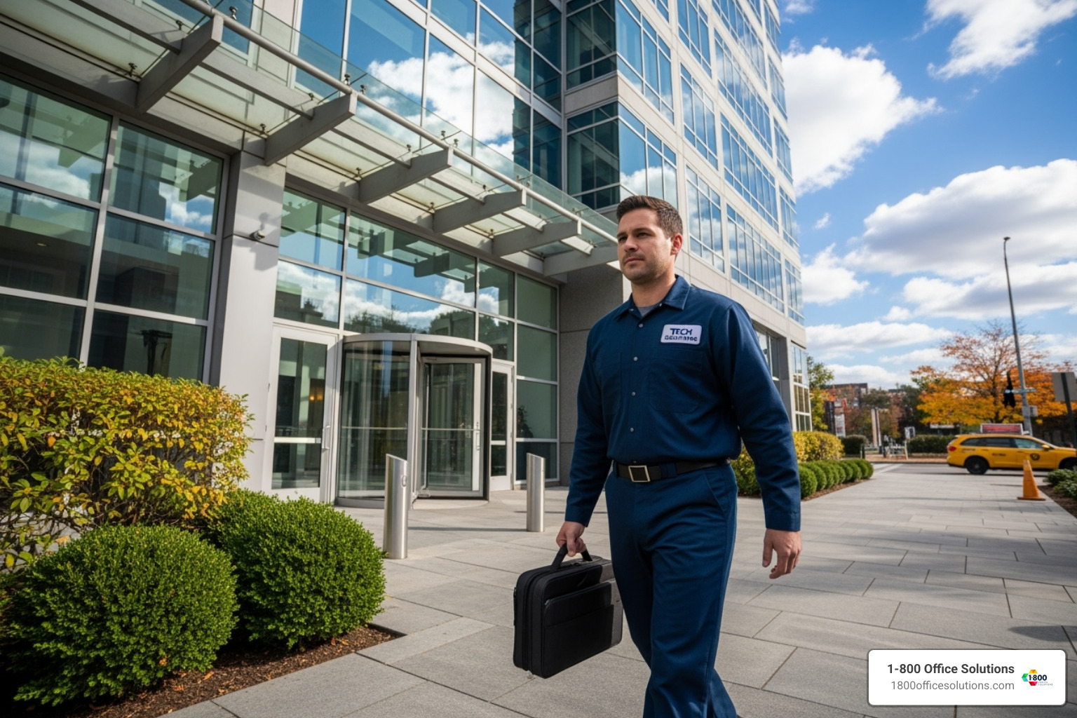 A professional technician arriving on-site with a toolkit - business copier repair
