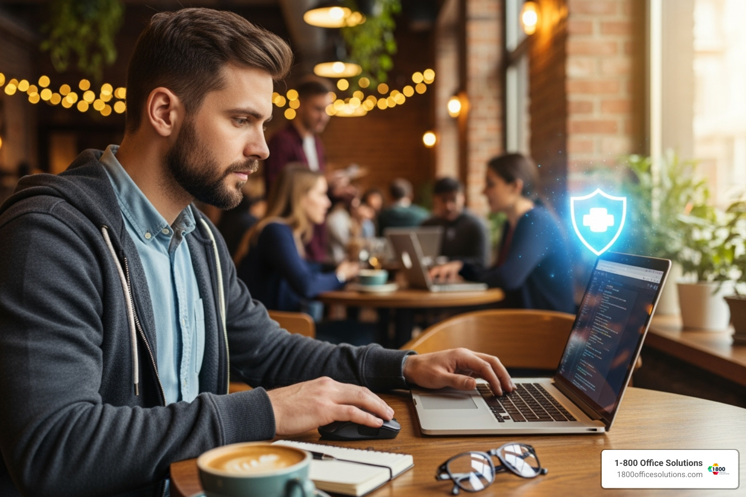 A remote employee working securely from a cafe, with a shield icon over their laptop - vpn meaning A remote employee working securely from a cafe, with a shield icon over their laptop - vpn meaning