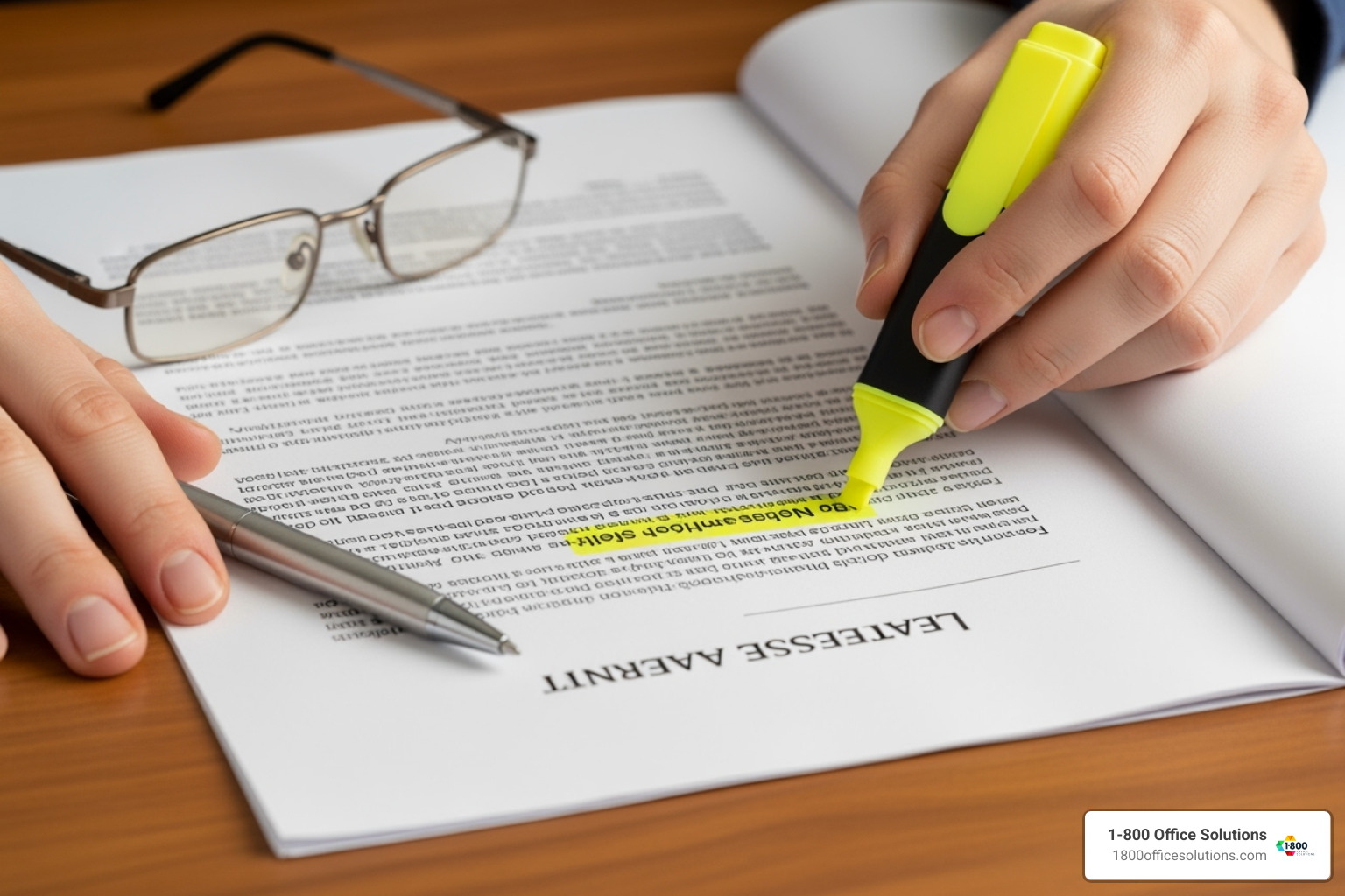 A person highlighting a section of a lease agreement document - business copier leasing A person highlighting a section of a lease agreement document - business copier leasing