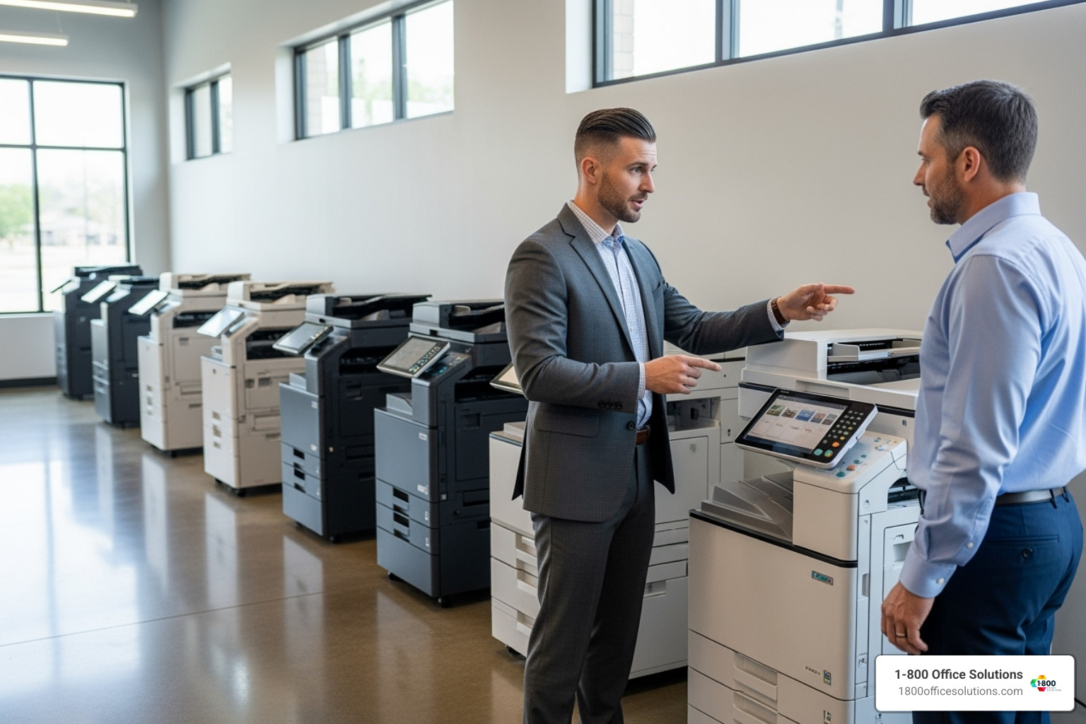 A consultant helping a client choose a copier from a lineup - business copier leasing A consultant helping a client choose a copier from a lineup - business copier leasing