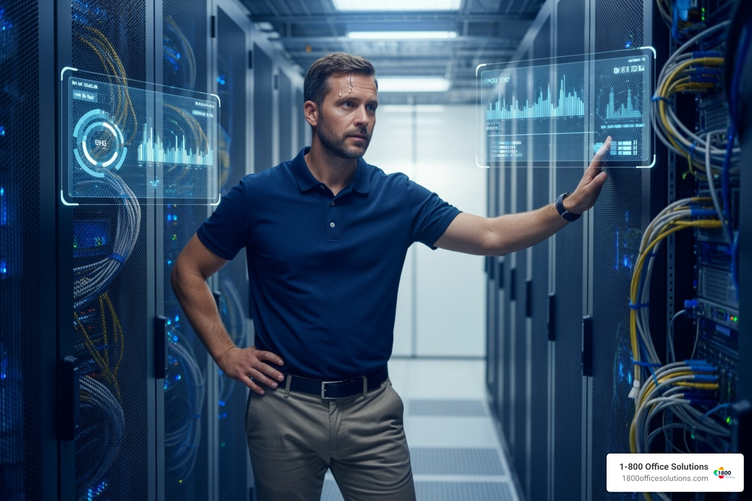 Relieved IT manager focusing on server rack - advantages of managed print services