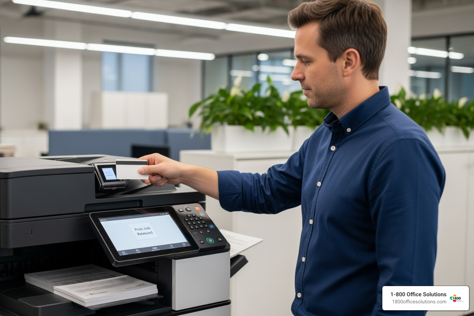 Employee using keycard for secure print release - advantages of managed print services