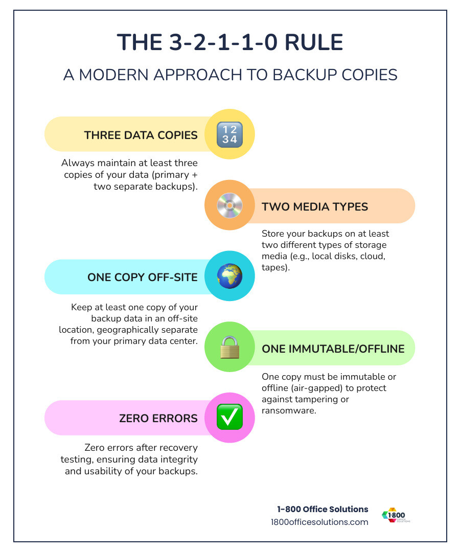 Infographic illustrating the 3-2-1-1-0 backup rule with icons for each component: 3 copies, 2 media types, 1 off-site, 1 immutable, 0 errors. - backup and disaster recovery best practices infographic infographic-line-5-steps-colors