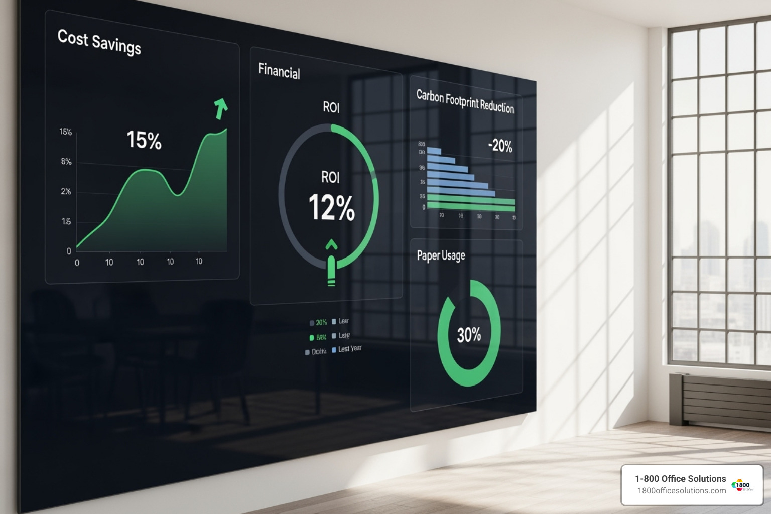 Dashboard showing cost savings and environmental impact reduction due to MPS implementation - national managed print services