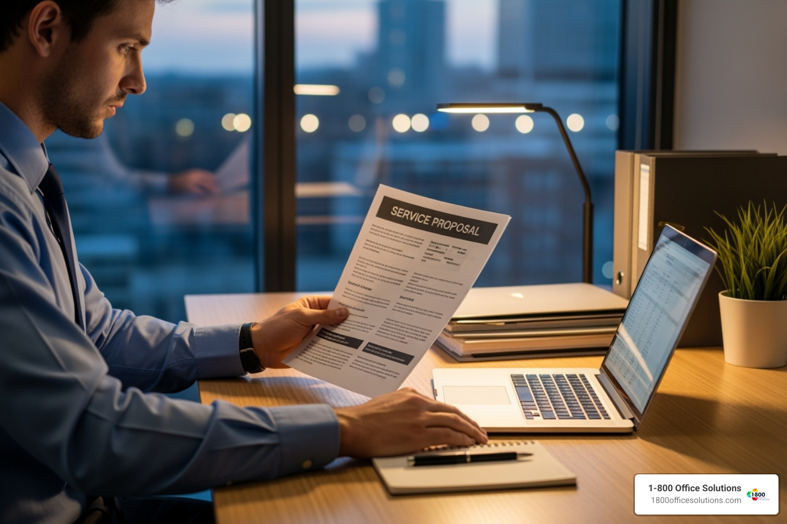 Business professional reviewing a service proposal for managed print services - national managed print services